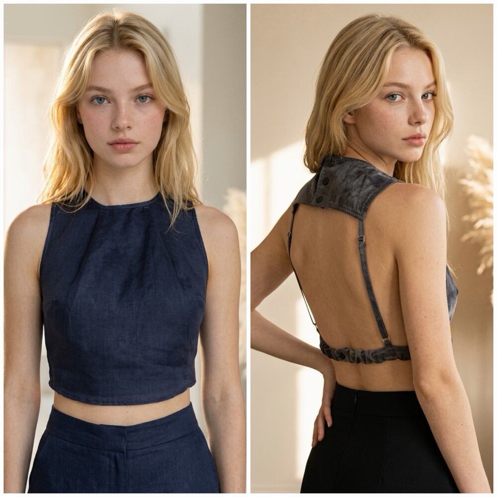 VTG GIANFRANCO FERRE DESIGNER BLACK SILK CROP TOP Open Back SIZE 6 Made In Italy